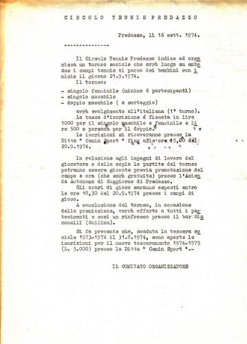 Comunicazione ai SOCI del 1° Torneo Sociale 1974